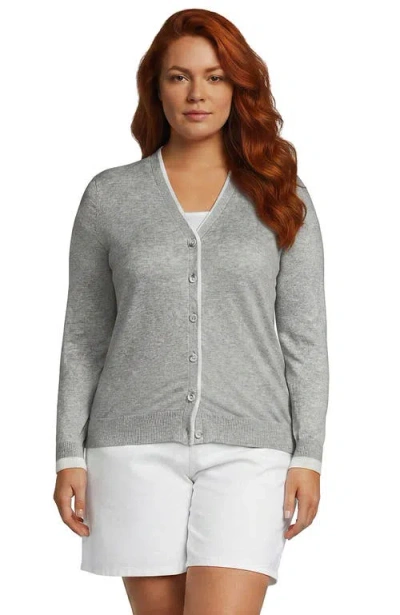 Lands' End Plus Size Double Trim Cotton V-neck Cardigan Sweater In Gray