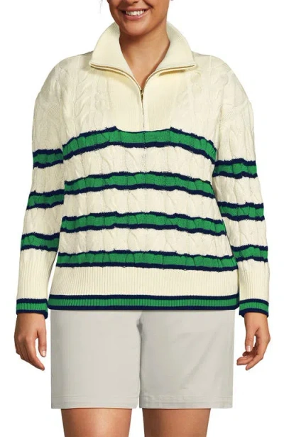 Lands' End Plus Size Drifter Cable Quarter Zip Sweater In Fresh Ivory/navy Clover Stripe