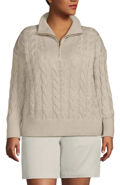 Lands' End Plus Size Drifter Cable Quarter Zip Sweater In Oatmeal Heather