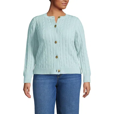 Lands' End Plus Size Drifter Classic Cable Crew Neck Cardigan Sweater In Blue