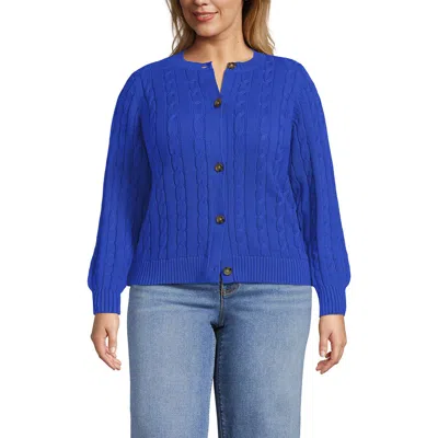 Lands' End Plus Size Drifter Classic Cable Crew Neck Cardigan Sweater In Blue