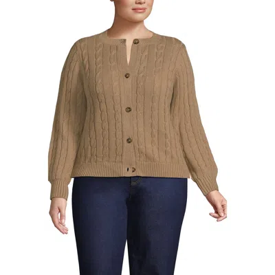 Lands' End Plus Size Drifter Classic Cable Crew Neck Cardigan Sweater In Brown