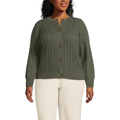 Lands' End Plus Size Drifter Classic Cable Crew Neck Cardigan Sweater In Green
