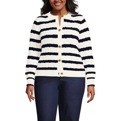 Lands' End Plus Size Drifter Classic Cable Crew Neck Cardigan Sweater In White