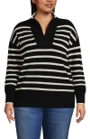 Lands' End Plus Size Drifter Cotton Quarter Zip Pullover Sweater In Black/fresh Ivory Stripe
