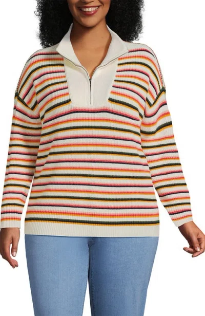 Lands' End Plus Size Drifter Cotton Quarter Zip Pullover Sweater In Fresh Ivory Multi Stripe