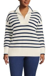 Lands' End Plus Size Drifter Cotton Quarter Zip Pullover Sweater In Ivory/navy Stripe