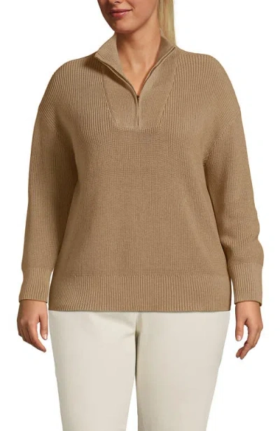Lands' End Plus Size Drifter Cotton Quarter Zip Pullover Sweater In Vicuna Heather