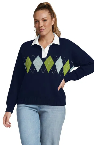 Lands' End Plus Size Drifter Jacquard Rugby With Woven Collar Sweater In Pink