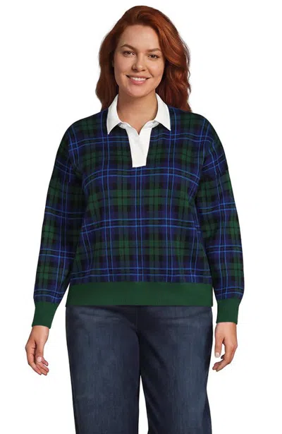 Lands' End Plus Size Drifter Jacquard Rugby With Woven Collar Sweater In Blue