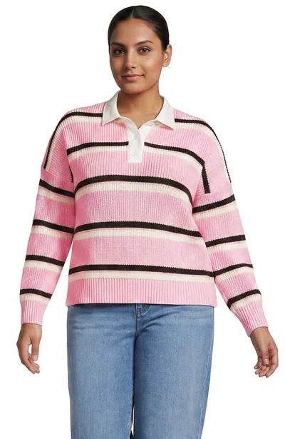 Lands' End Plus Size Drifter Jacquard Rugby With Woven Collar Sweater In Pink