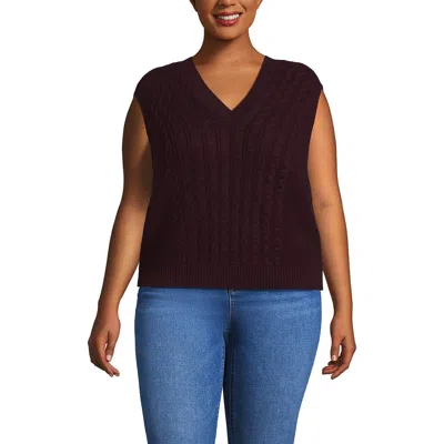 Lands' End Plus Size Drifter Modern Cable V Neck Vest Sweater In Burgundy