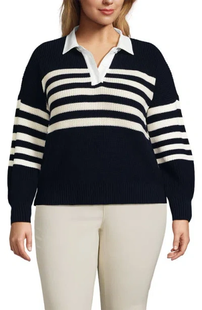 Lands' End Plus Size Drifter Rugby With Woven Collar Sweater In Black