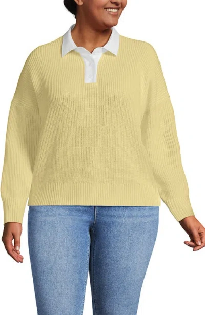 Lands' End Plus Size Drifter Rugby With Woven Collar Sweater In Yellow