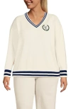 Lands' End Plus Size Drifter Varsity Vneck Sweater With Crest In Fresh Ivory Navy Tipping