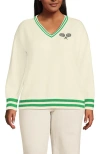 Lands' End Plus Size Drifter Varsity Vneck Sweater With Crest In Fresh Ivory/clover Tip