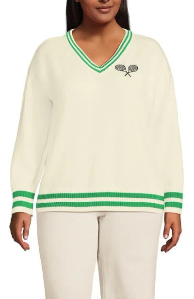 Lands' End Plus Size Drifter Varsity Vneck Sweater With Crest In Fresh Ivory/clover Tip