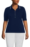 Lands' End Elbow Sleeve Lightweight Jersey Embellished Polo In Deep Sea Navy/ivory