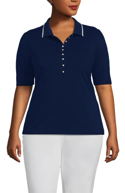Lands' End Elbow Sleeve Lightweight Jersey Embellished Polo In Deep Sea Navy/ivory