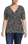 Lands' End Elbow Sleeve Lightweight Jersey Side Tie Blouse In Black Large Flower Patch