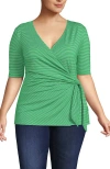 Lands' End Plus Size Elbow Sleeve Lightweight Jersey Side Tie Blouse In Clover/white Tiny Stripe
