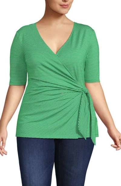Lands' End Plus Size Elbow Sleeve Lightweight Jersey Side Tie Blouse In Clover/white Tiny Stripe