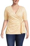Lands' End Elbow Sleeve Lightweight Jersey Side Tie Blouse In Ivory/yellow Floral