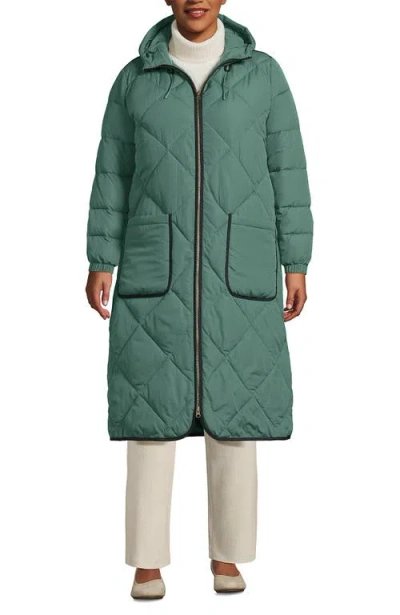 Lands' End Plus Size Featherfree Insulated Diamond Quilted Maxi Coat In Washed Evergreen