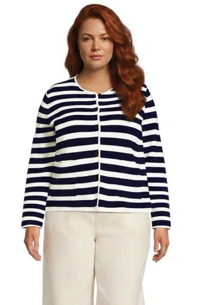 Lands' End Plus Size Fine Gauge Cotton Milano Blazer Sweater In Deep Sea/ivory Stripe