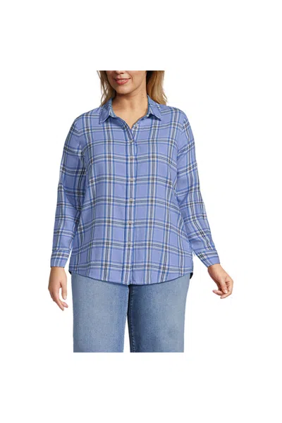 Lands' End Plus Size Flannel Boyfriend Long Sleeve Shirt In Blue