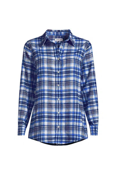 Lands' End Plus Size Flannel Boyfriend Long Sleeve Shirt In Blue