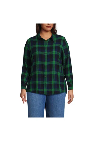 Lands' End Plus Size Flannel Boyfriend Long Sleeve Shirt In Green