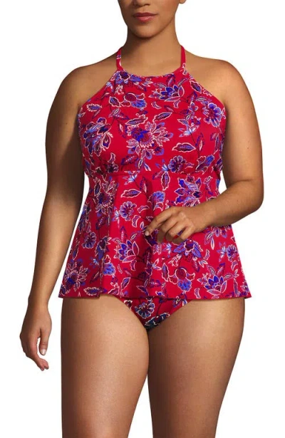 Lands' End Plus Size Flutter High Neck Halter Tankini Top In Pink