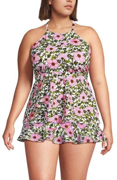 Lands' End Plus Size Flutter High Neck Halter Tankini Top In Pink