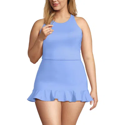 Lands' End Plus Size High Neck Racerback Midkini Top In Blue