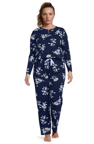 Lands' End Plus Size Knit 2 Piece Pajama Set In Deep Sea/ivory Floral
