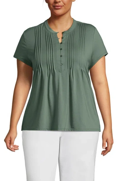 Lands' End Short Sleeve Lightweight Jersey Button Pintuck Top In Green