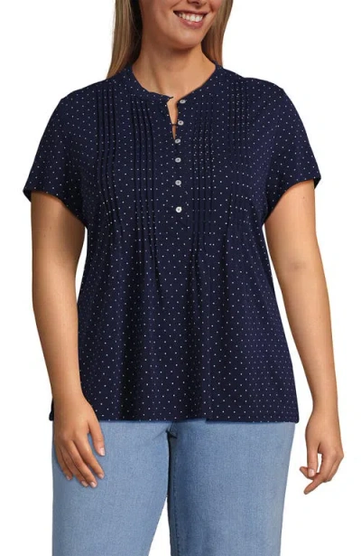 Lands' End Short Sleeve Lightweight Jersey Button Pintuck Top In Blue