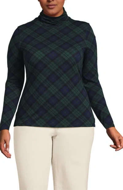 Lands' End Lightweight Jersey Skimming Long Sleeve Turtleneck In Deep Forest Blackwatch Plaid