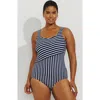 Lands' End Tugless Low Leg One Piece Swimsuit In Deep Sea/white Media Stripe