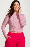 Lands' End Long Sleeve Mock Neck Cropped Upf 50 Sun Protection Rash Guard In Coral Rose/white Ditsy Lilies