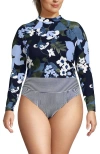 Lands' End Long Sleeve Mock Neck Cropped Upf 50 Sun Protection Rash Guard In Deep Sea Navy Lilies