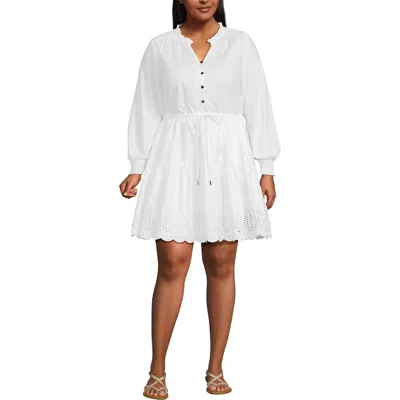 Lands' End Long Sleeve Eyelet Mini Popover Dress In White Eyelet