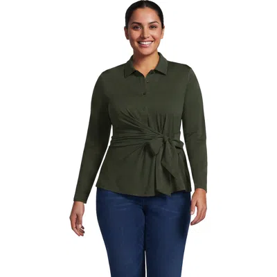 Lands' End Plus Size Long Sleeve Lightweight Jersey Adjustable Tie Collar Top In Green