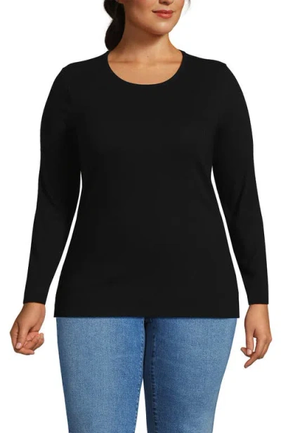 Lands' End Plus Size Long Sleeve Micro Rib T-shirt In Black