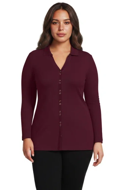 Lands' End Plus Size Long Sleeve Polished Rib Button Through Tunic Shirt In Burgundy