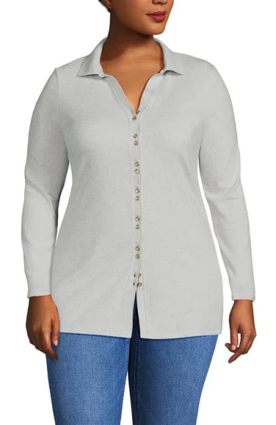 Lands' End Long Sleeve Polished Rib Button Through Tunic Shirt In Soft Light Gray Heather