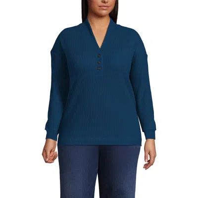 Lands' End Plus Size Long Sleeve Waffle Shawl Collar Henley In Blue