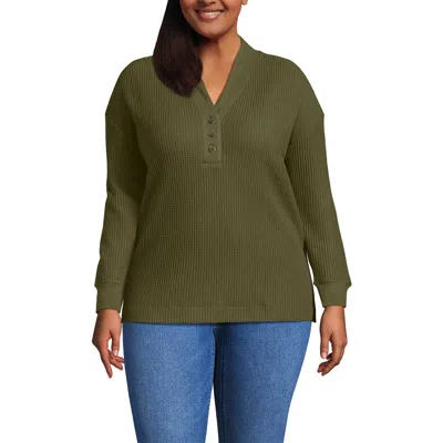 Lands' End Plus Size Long Sleeve Waffle Shawl Collar Henley In Green