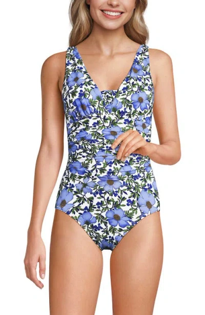 Lands' End Plus Size Long Slender Suit Grecian Tummy Control Chlorine Resistant One Piece Swimsuit In Floral Blossom/white/blue